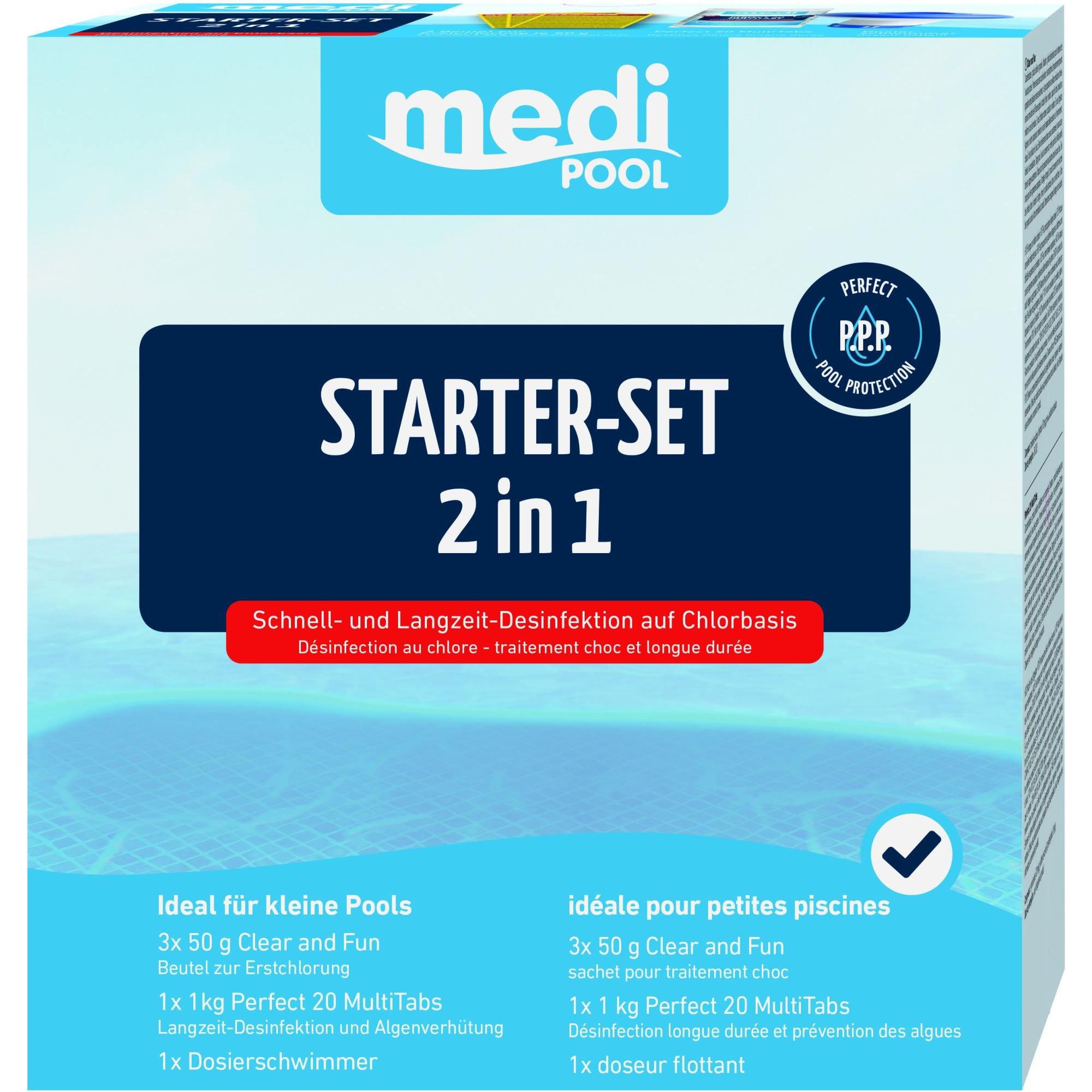 mediPOOL - Starter Set 2in1: Perfect 20 MultiTabs, Schwimm-Dosierer, 3 x Dosierbeutel zur Schockchlorung